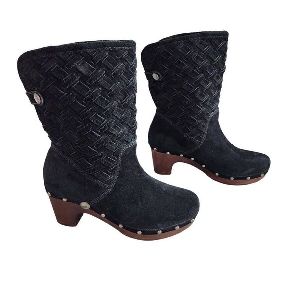 Vintage 90s UGG Australia Lynnea Arroyo black woven leather stud wood heel boot - Picture 1 of 12